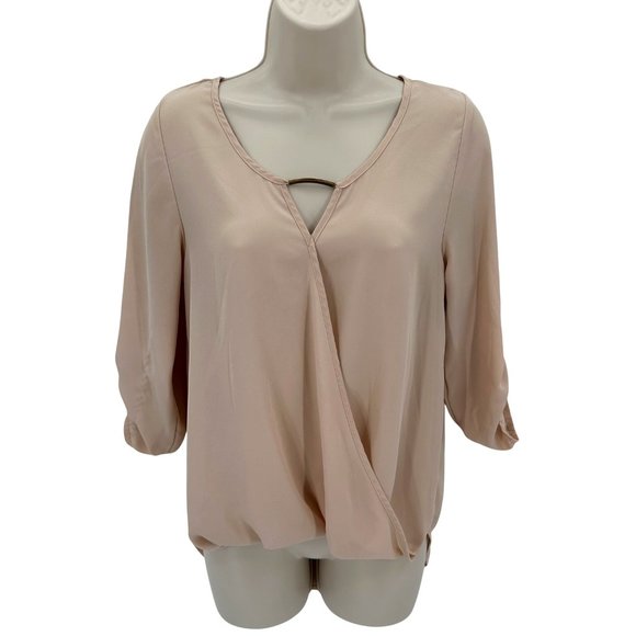 Active USA Womens Soft Beige Chiffon 3/4 Sleeves V Neck Overlap Front Blouse  S - Picture 1 of 9